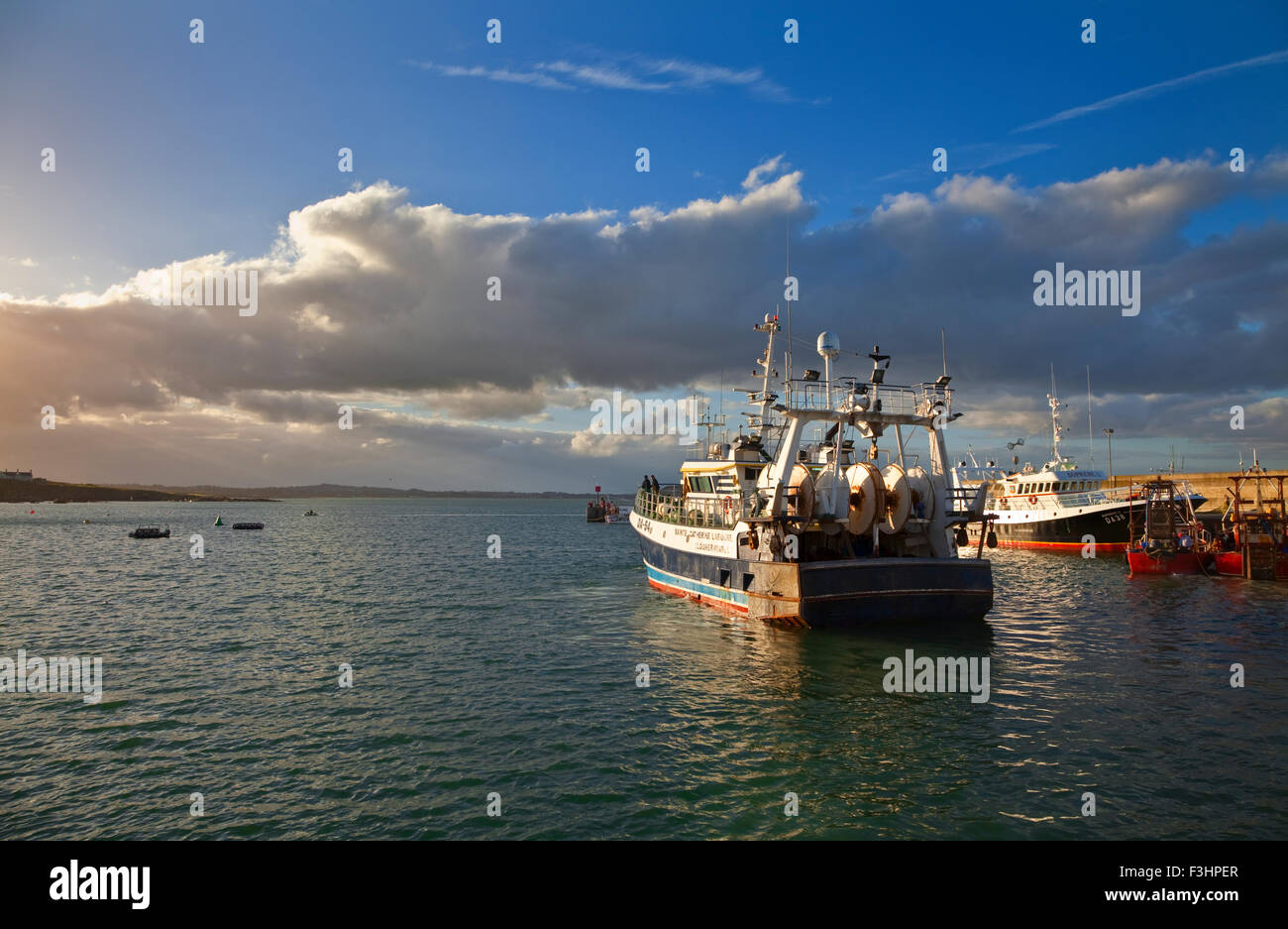 Ein Fischerboot verlassen in den neu renovierten Port Oriol Hafen, Clogher Head, County Louth, Irland Stockfoto