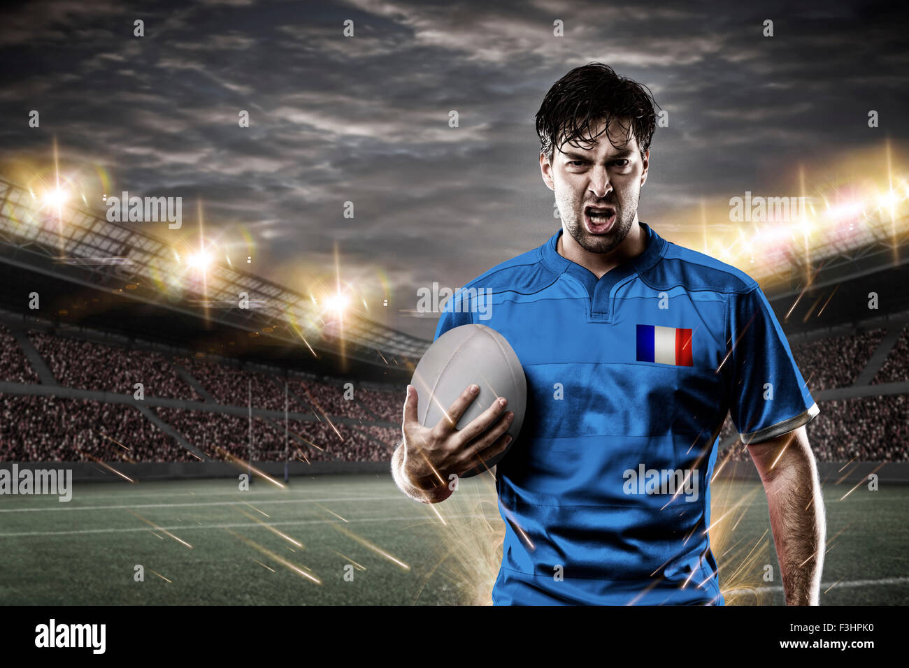 Französischer Rugby-Spieler tragen eine blaue uniform in einem Stadion. Stockfoto