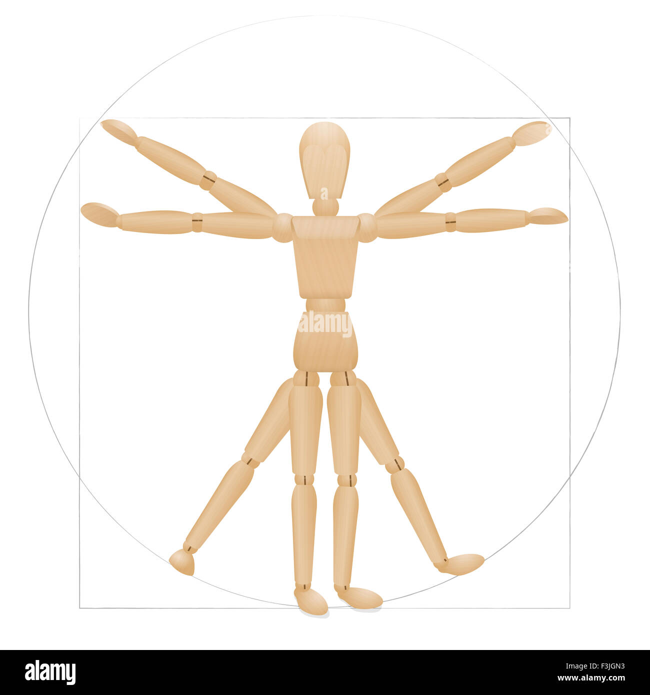 Vitruvian Mannequin - Heilige Geometrie in Grafik und anatomischen Proportionen vertreten durch eine Holzfigur legen. Stockfoto