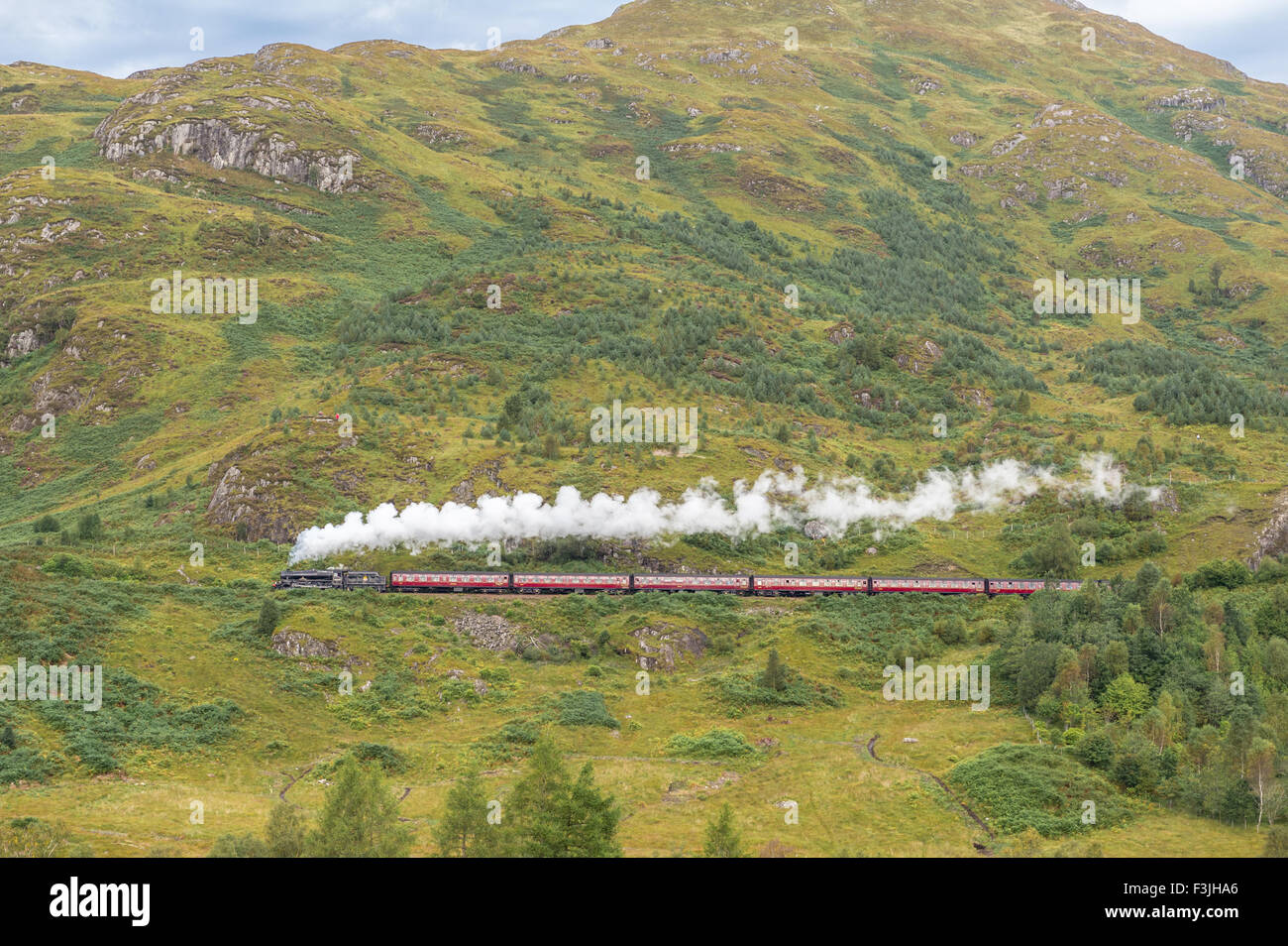 Harry Potter Dampfzug auf dem Glenfinnan-Viadukt in Schottland. Stockfoto
