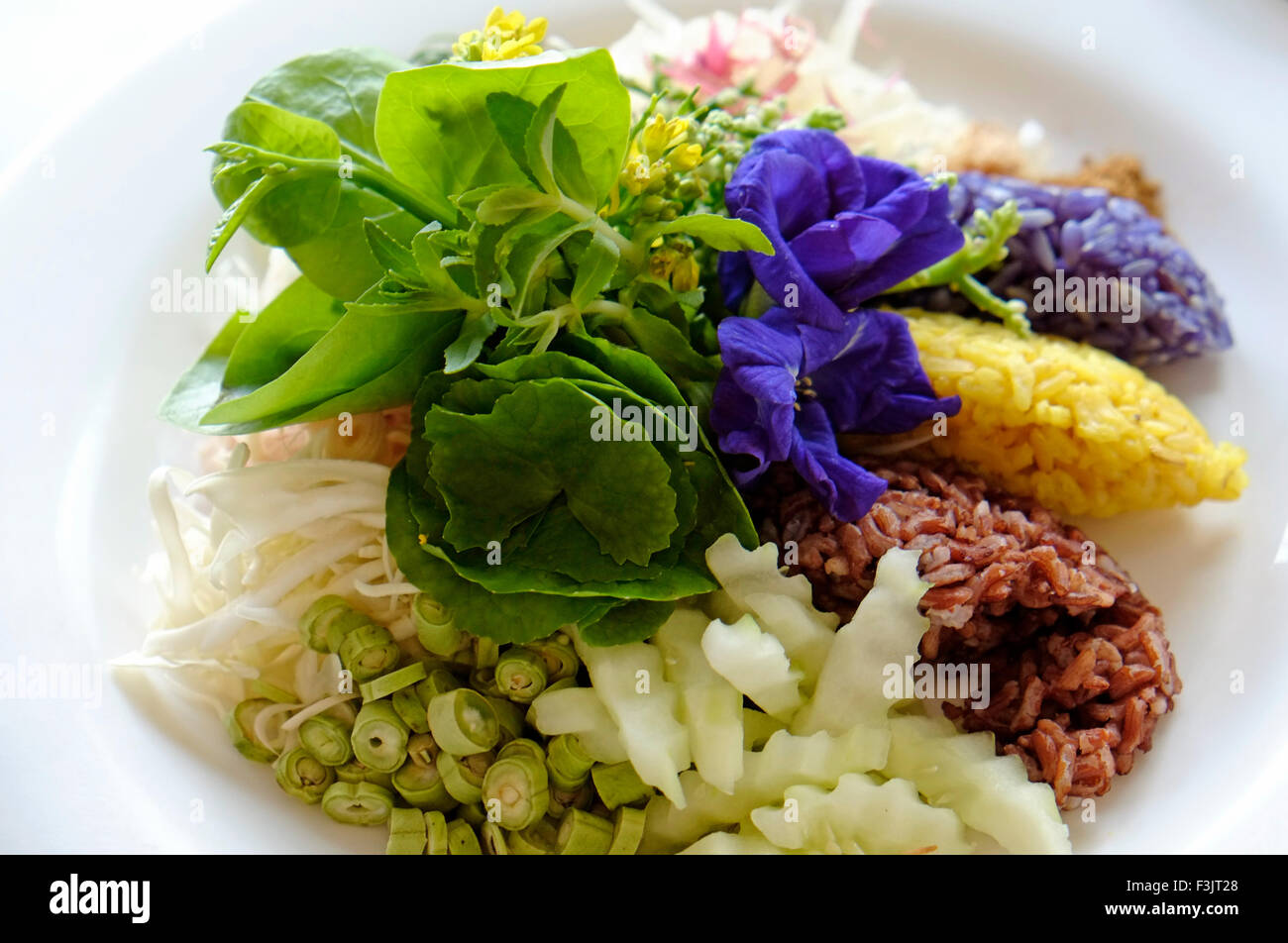 Eine Gericht aus drei Kräuter Reis mit Thai Kräutersalat serviert mit Budu Sauce mit Kohl im Vistakitchen Restaurant die spe Stockfoto