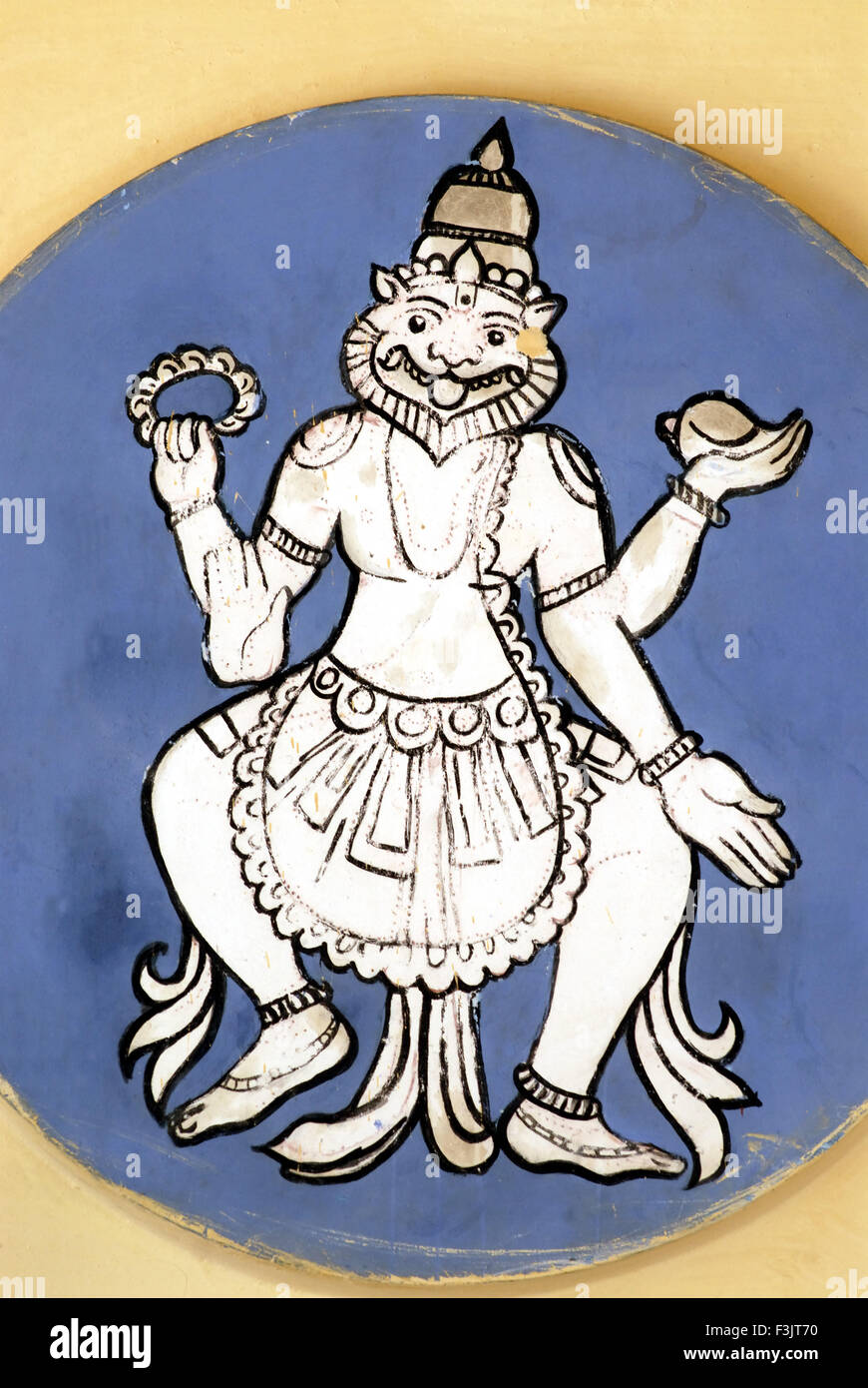 Wandmalerei Narsingha Mann Löwen vierten Inkarnation Ambalpadi Udupi Karnataka Indien Stockfoto
