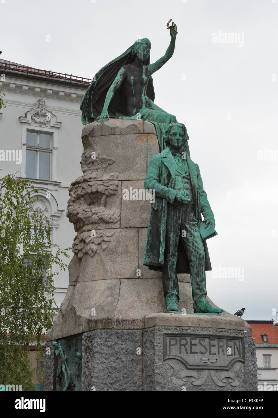 Statue des slowenischen Dichters France Preseren in der Hauptstadt Ljubljana, Slowenien. Stockfoto