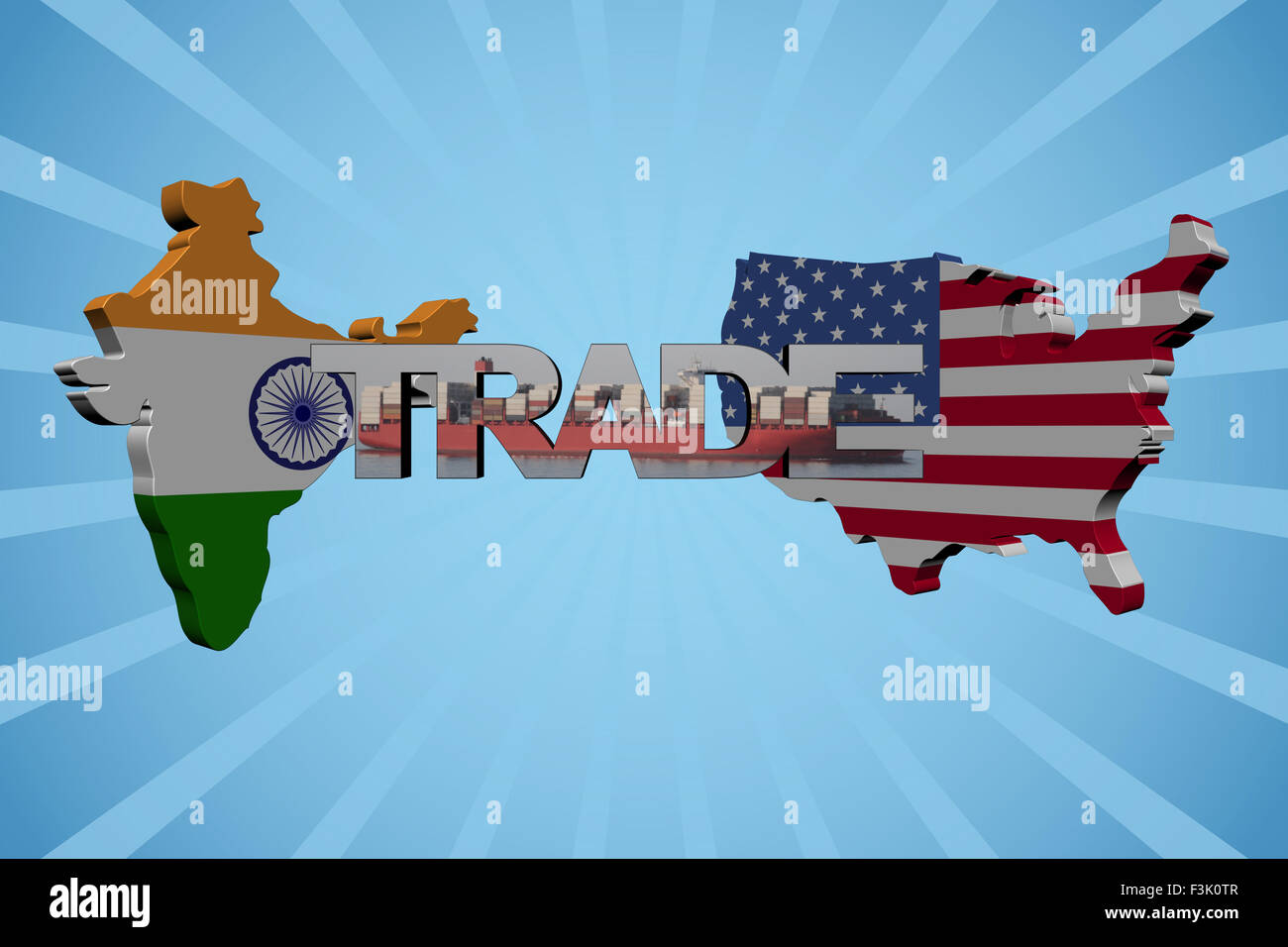 Amerikanische und indische Karte Flaggen mit Handel Text illustration Stockfoto