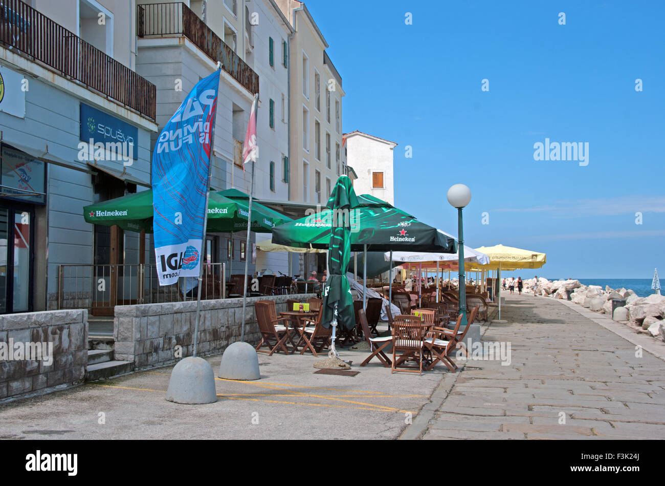 Piran, Promenade Pavement Cafe, Istrien, Adria, Slowenien, Europa, Stockfoto