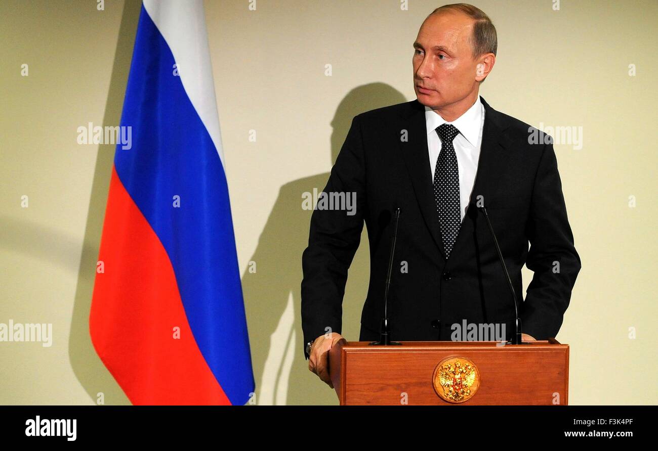 Der russische Präsident Vladimir Putin während einer Pressekonferenz für russische Medien nach den Sitzungen am Hauptsitz Vereinten Nationen 28. September 2015 in New York City, New York. Stockfoto