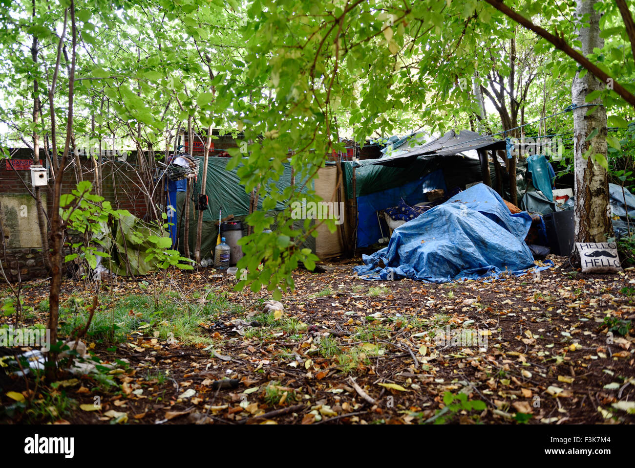 Obdachlose in Großbritannien leben mit Zelt und semi-permanent-planen versteckt zwischen Bäumen, Bristol England Stockfoto