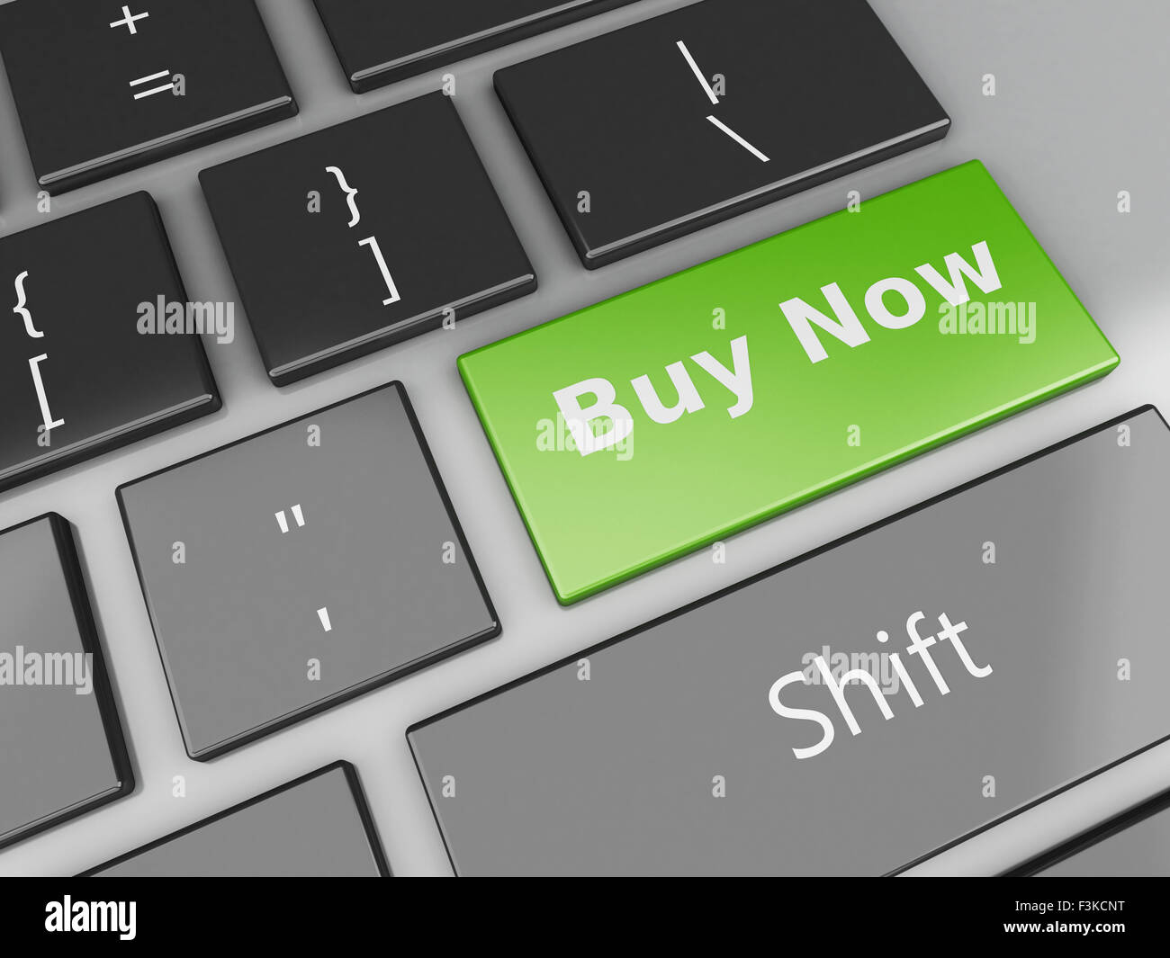 3D Renderer Bild. Computer-Tastatur mit kaufen Schaltfläche "jetzt". Online-shopping-Konzept. Stockfoto