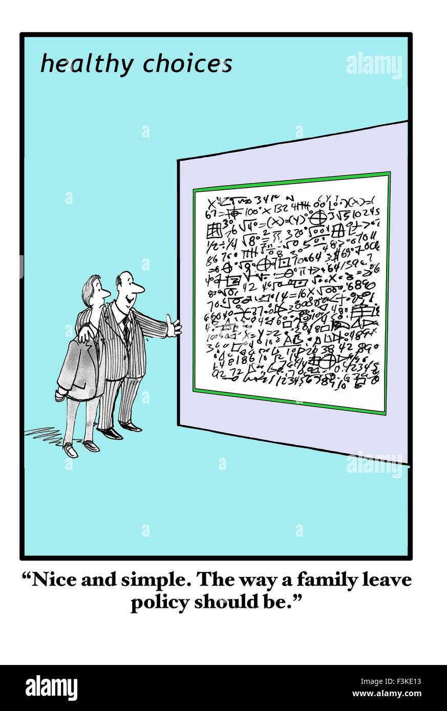 Cartoon-Darstellung, die zwei Geschäftsleute Blick auf komplexe Formeln "... einfach.  So eine Familie verlassen Politik sollte sein " Stockfoto