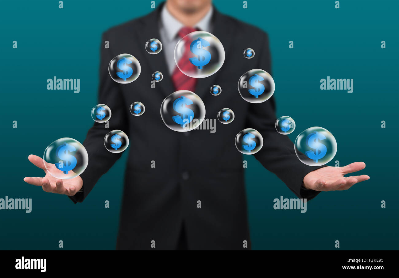 Mann zeigen Dollarsymbol in Blase auf Seite Stockfoto