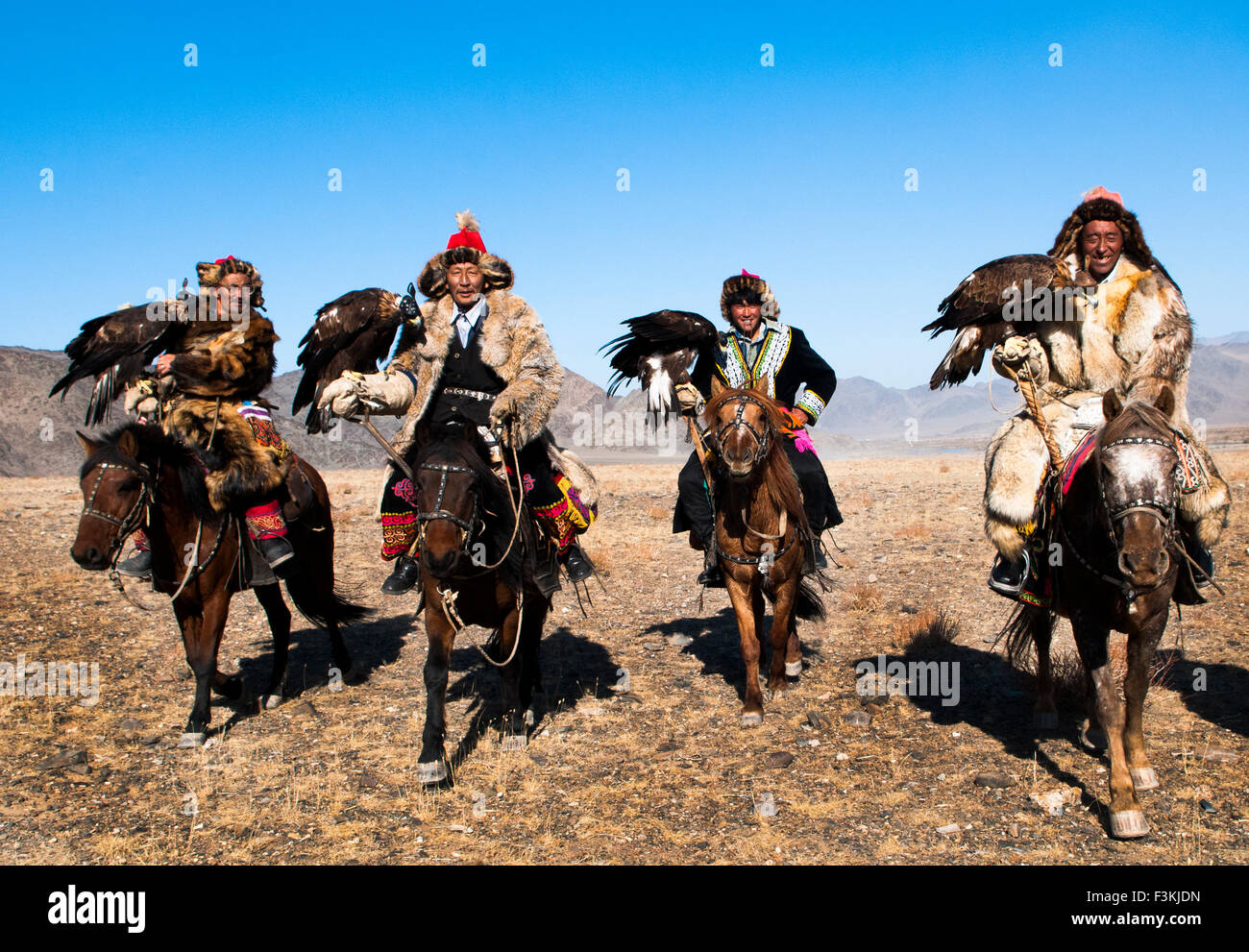 Kasachische eagle Jäger und ihre Steinadler in der Altai-Region von Bayan-Ölgii in der westlichen Mongolei. Stockfoto