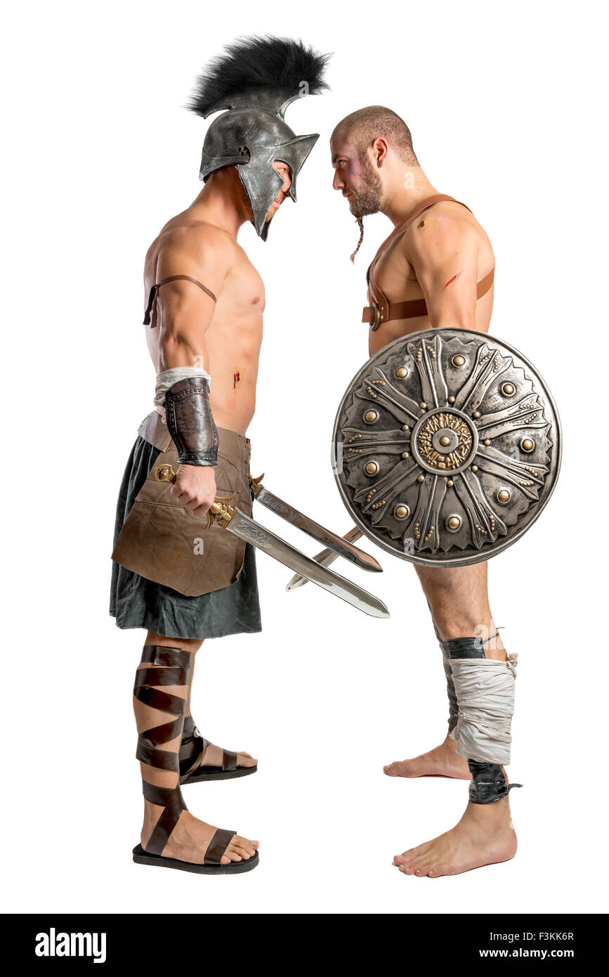 Gladiatoren Herausforderung in einem weißen Hintergrund isoliert Stockfoto