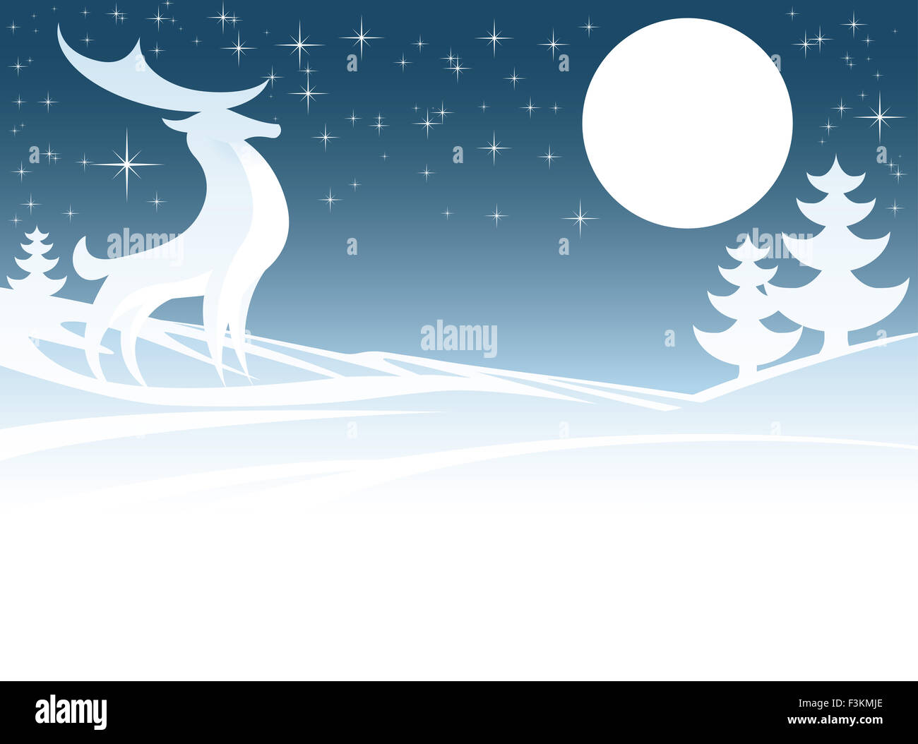Ein Weihnachts-Winter-Szene mit einem stilisierten Hirsch männliche Hirsche und Vollmond in Schneelandschaft mit Weihnachtsbäumen Stockfoto