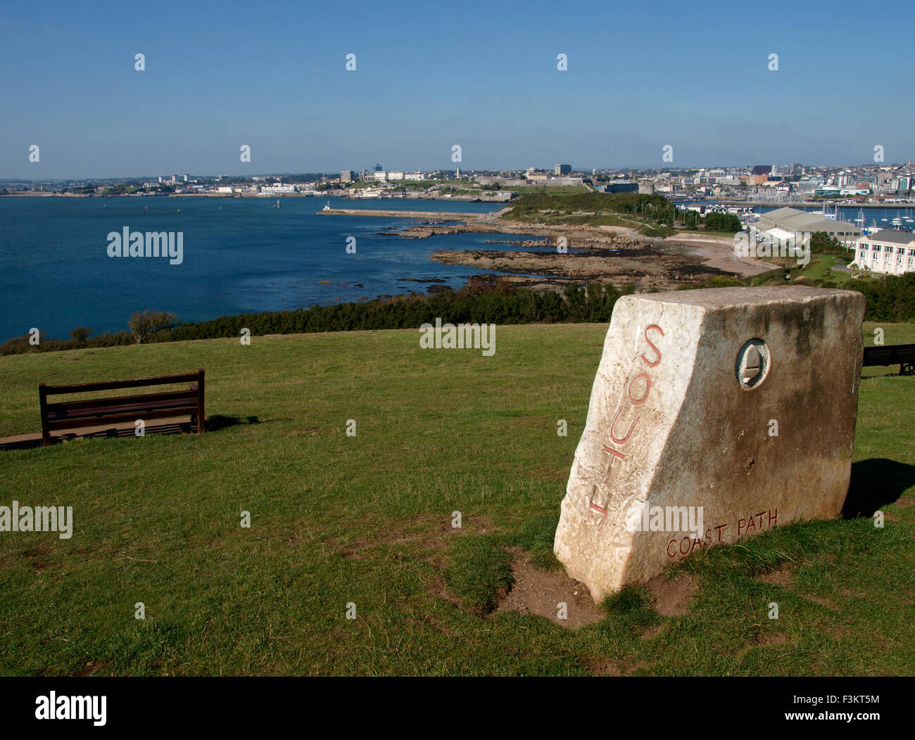 Südwestküste Pfad Marker, Jennycliff, Plymouth, Devon, UK Stockfoto