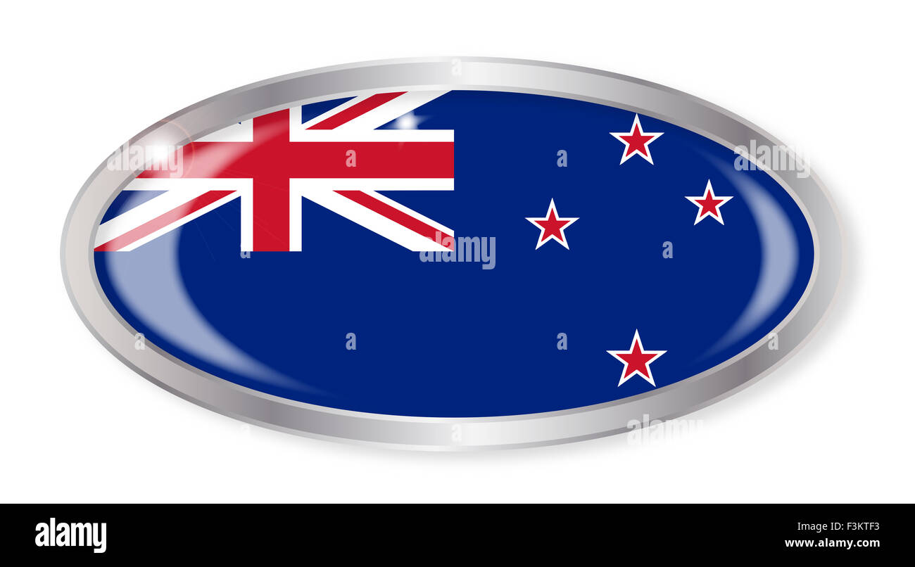 Ovale silberne Taste mit dem New Zealand Flag isoliert auf weißem Hintergrund Stockfoto