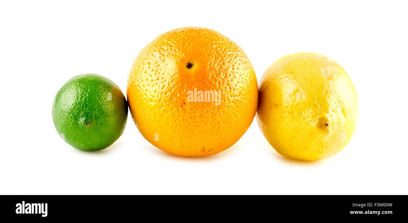 Vordere Studioaufnahme von Zitrus Zitrone, Limette und orange Früchte Stockfoto