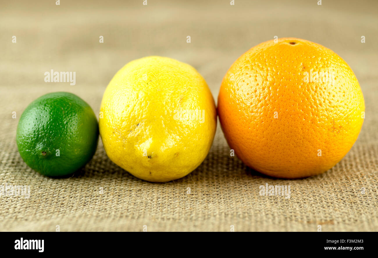 Bunte Reihe von Zitrusfrüchten mit Orange, Zitrone und Limette auf hessischen Sackleinen Hintergrund Stockfoto