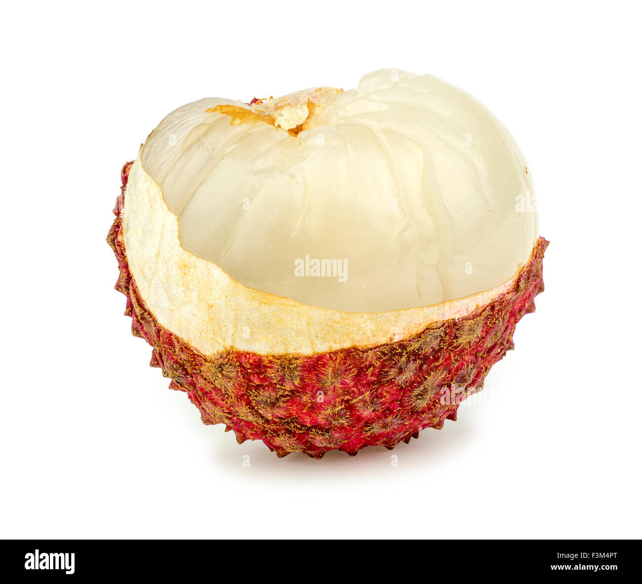 Makro Nahaufnahme von Hälfte geschält Lychee Früchte Stockfoto