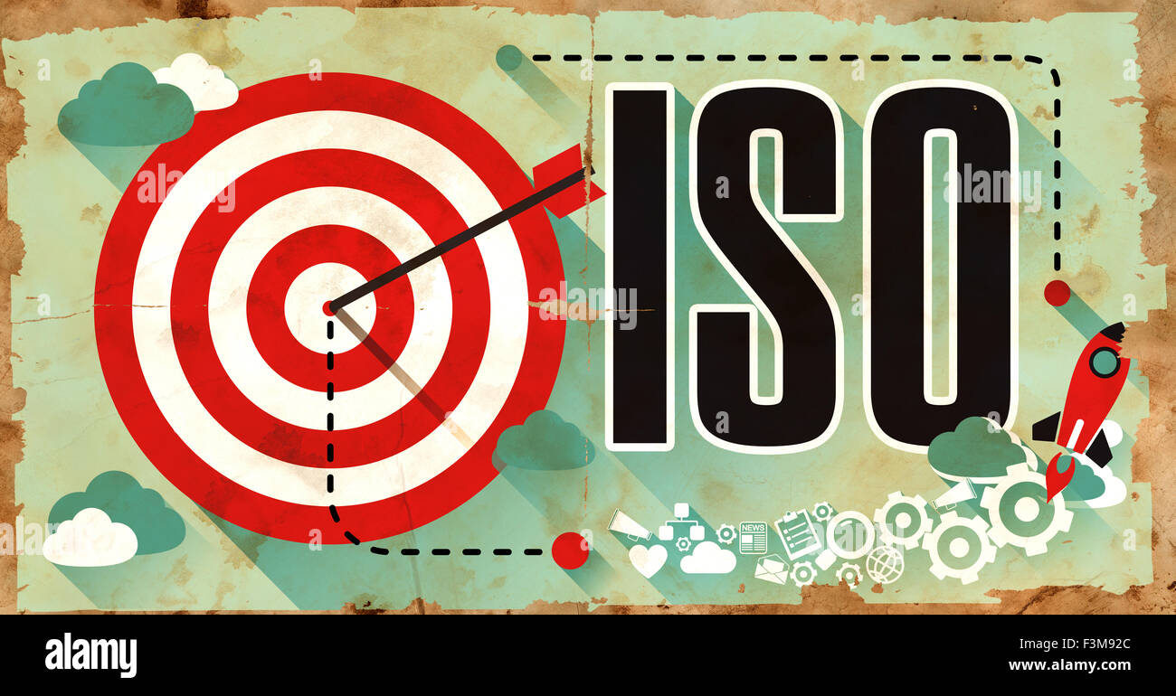 ISO-Wort auf Plakat im Grunge-Design. Stockfoto