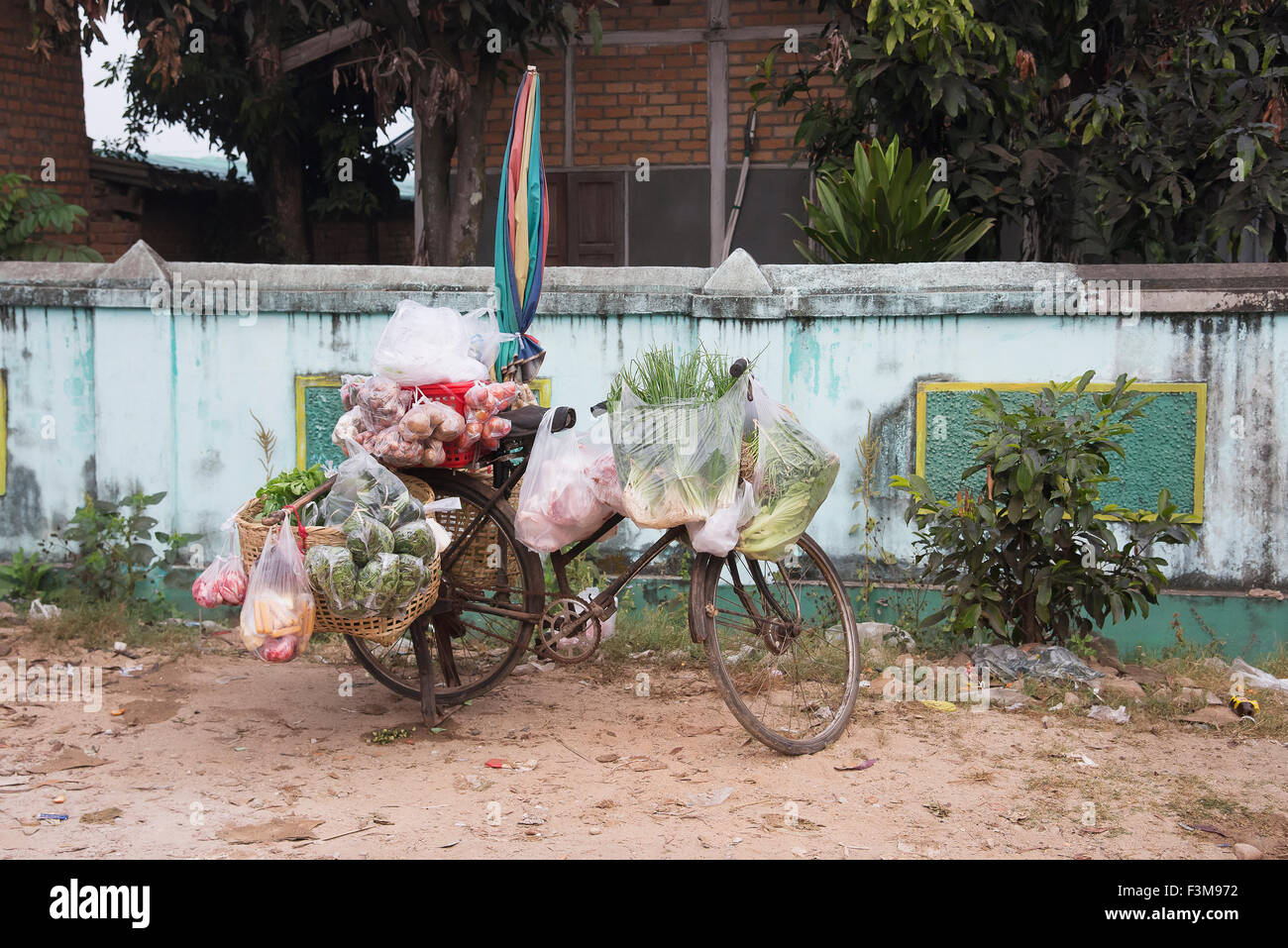 Fahrrad, Gemüse, Myanmar, Wand Stockfoto