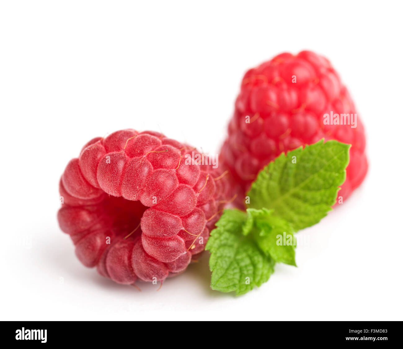 frische reife Himbeeren mit Minze Blätter isoliert auf weiss Stockfoto
