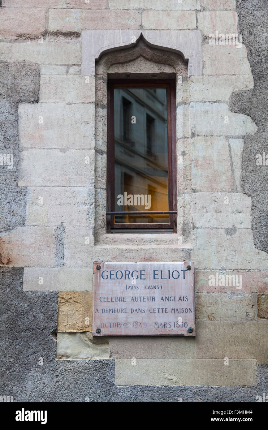 Stein Plakette feiert die britische Autorin George Eliot, ansonsten wie Mary Ann Evans, Genf, Schweiz Stockfoto