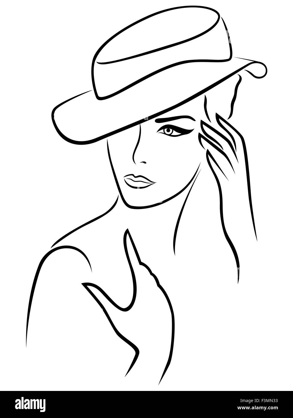 Elegante junge Frau mit Hut, hand Zeichnung schwarz Vektor-Umriss auf weißem Hintergrund Stock Vektor