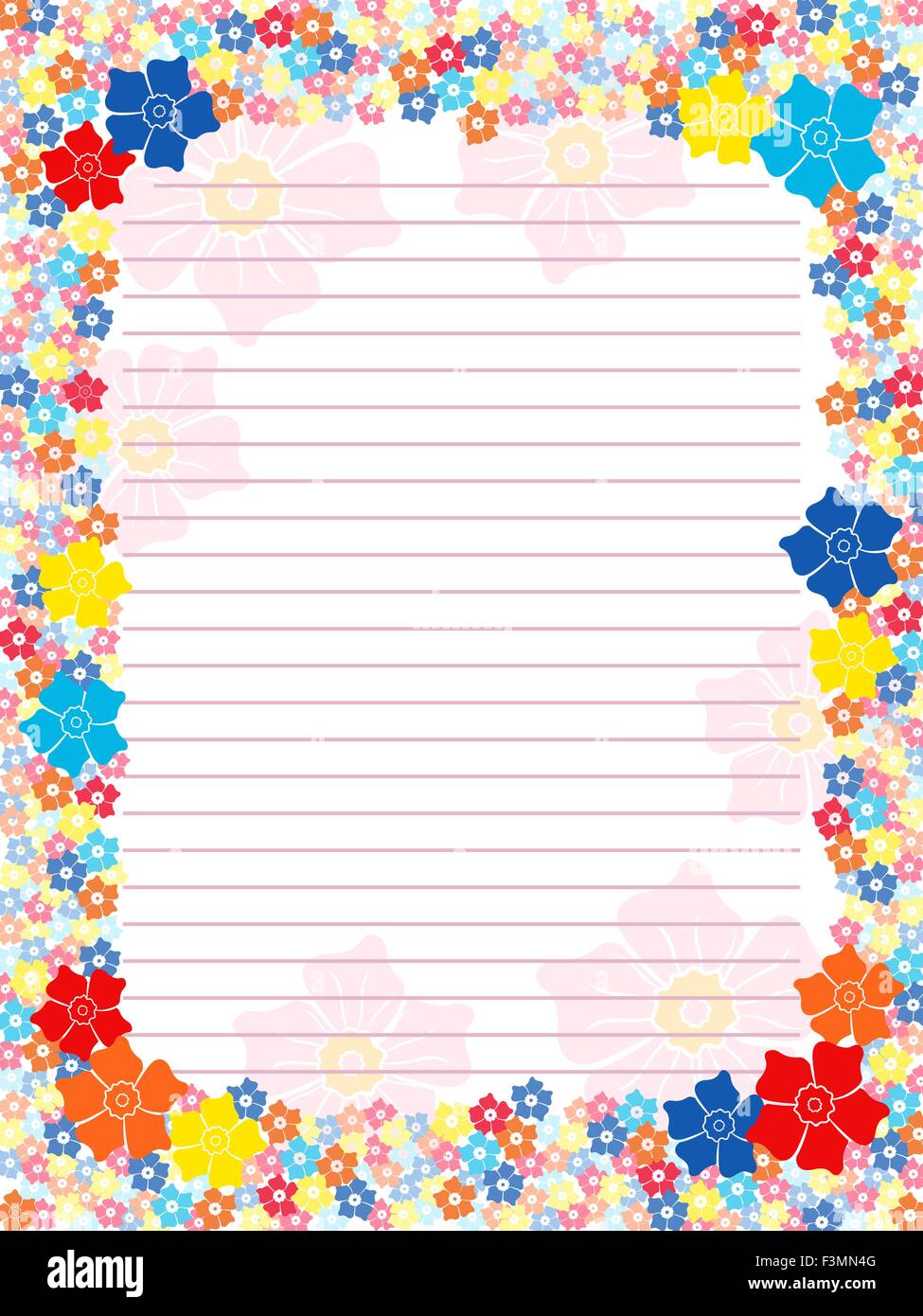 Notizblock in rosa Tönen mit parallelen Linien und mehrfarbigen floralen Rahmen mit Blumen, Vektor-Illustration leer Stock Vektor