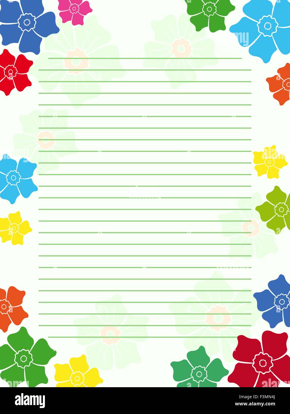 Notizblock leer leer in hellen Grüntöne mit parallelen Linien und mehrfarbigen floralen Rahmen mit Blumen, Vektor-illustration Stock Vektor