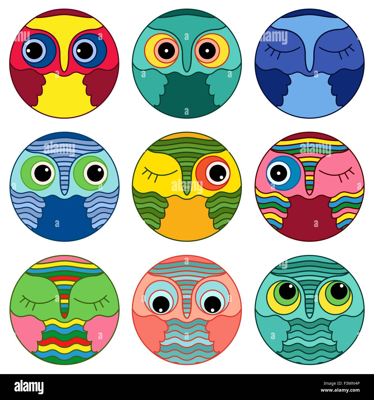 Satz von neun lustigen bunten Eule Gesichter in einem Kreise und isoliert auf einem weißen Hintergrund, Cartoon-Vektor-Illustration als ic Stock Vektor
