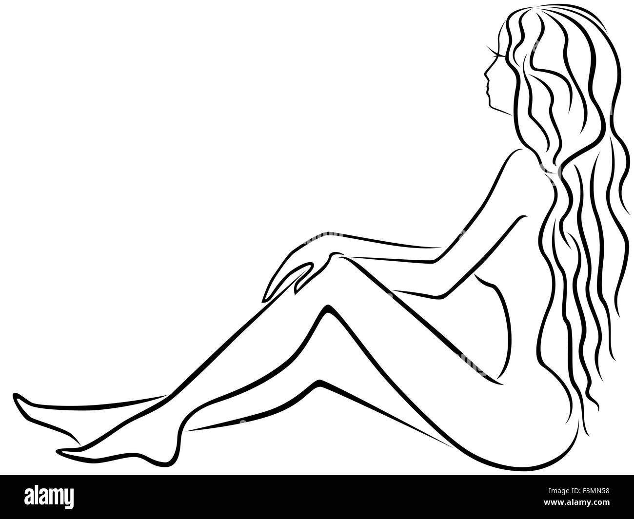 Abstrakte schönes junges Mädchen mit langen Haaren sitzt verträumt mit leicht angewinkelten Beinen Hand Zeichnung Vektor Gliederung Stock Vektor