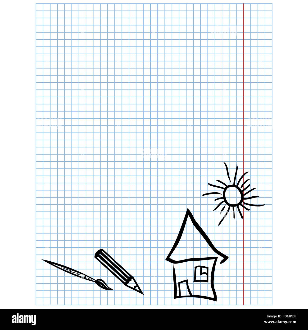Kindlich einfache Zeichnungen auf kariertem Blatt mit Bildern von Pinsel, Bleistift, Haus und Sonne, Vektor-illustration Stock Vektor