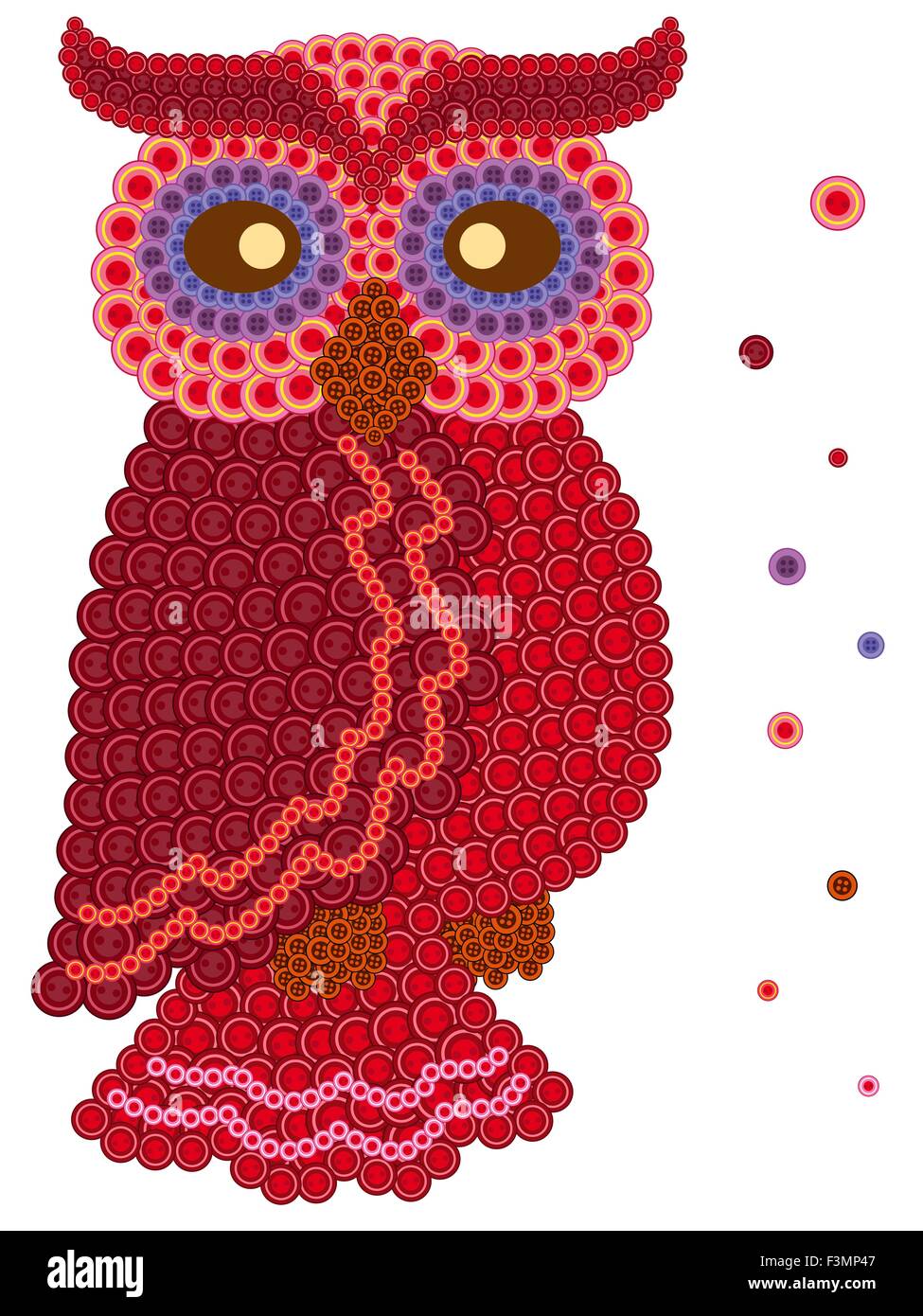 Farbige dekorative Eule in Rottönen hergestellt aus vielen verschiedenen Schaltflächen, Cartoon-Vektorgrafiken Stock Vektor