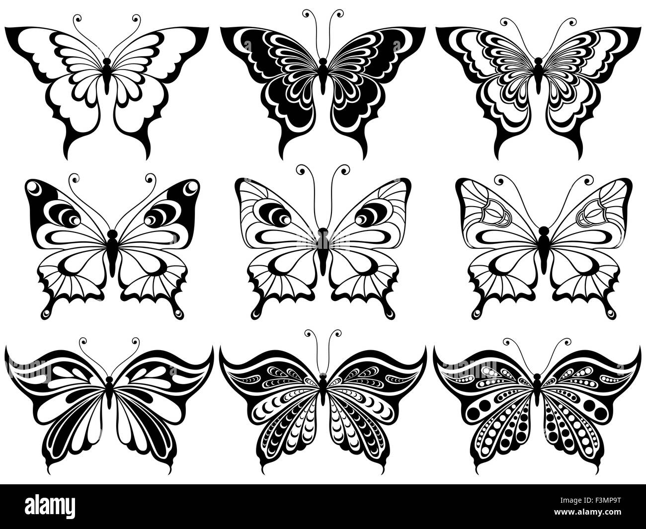 Satz von neun ornamentalen Schablonen Schmetterlinge isoliert auf einem weißen Hintergrund, Handzeichnung Vektor-illustration Stock Vektor