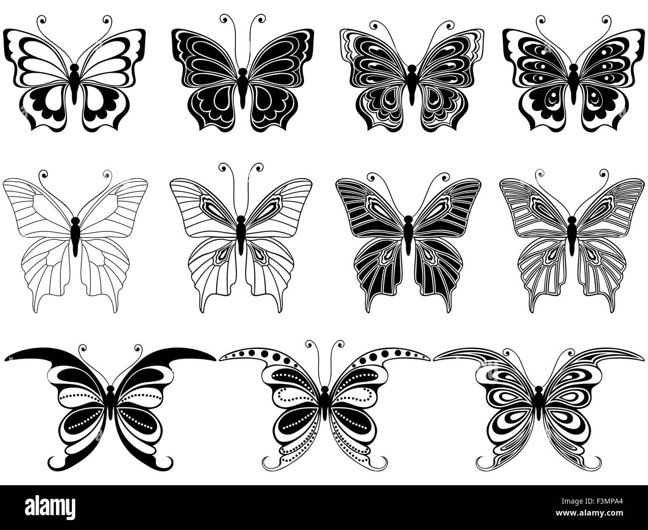 Satz von elf ornamentalen Schablonen Schmetterlinge isoliert auf einem weißen Hintergrund, Handzeichnung Vektor-illustration Stock Vektor