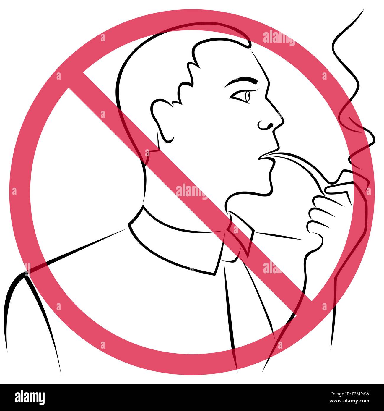 Mann, der eine Pfeife raucht durchgestrichen roten runden Verbotszeichen Handzeichnung Vektor Gliederung Stock Vektor