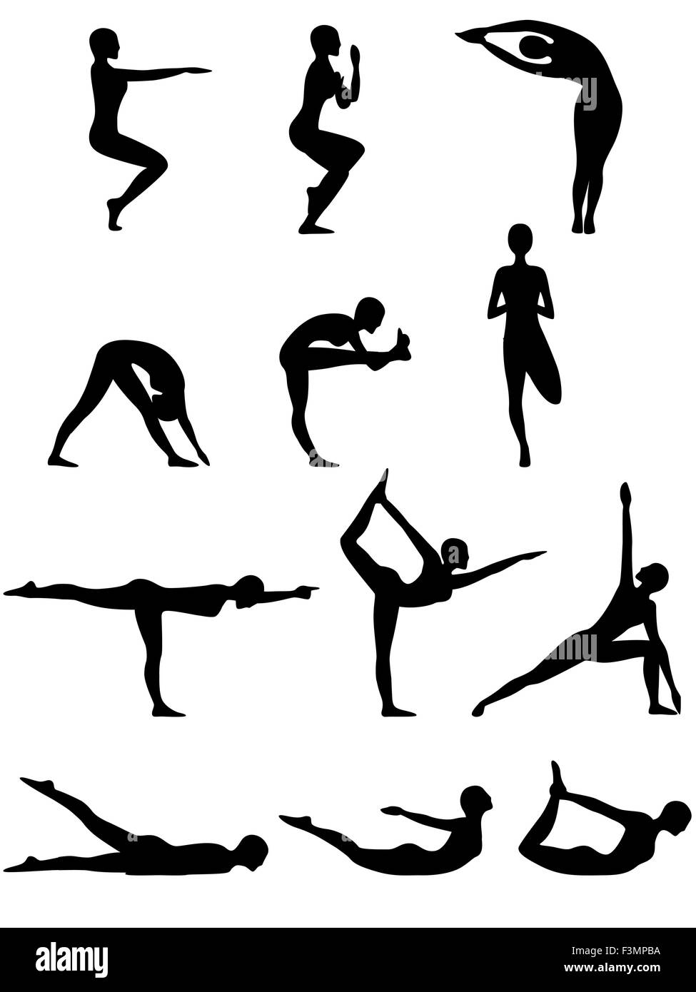 Satz von zwölf isoliert abstrakte weibliche Vektor schwarze Silhouetten von Yogastellungen Stock Vektor
