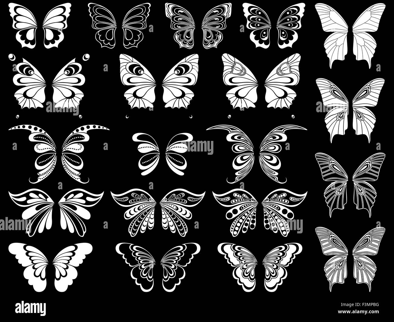 Gruppe von zwanzig weiße ornamentalen Schablonen Schmetterlinge isoliert auf einem schwarzen Hintergrund, Handzeichnung Vektor illustratio Stock Vektor