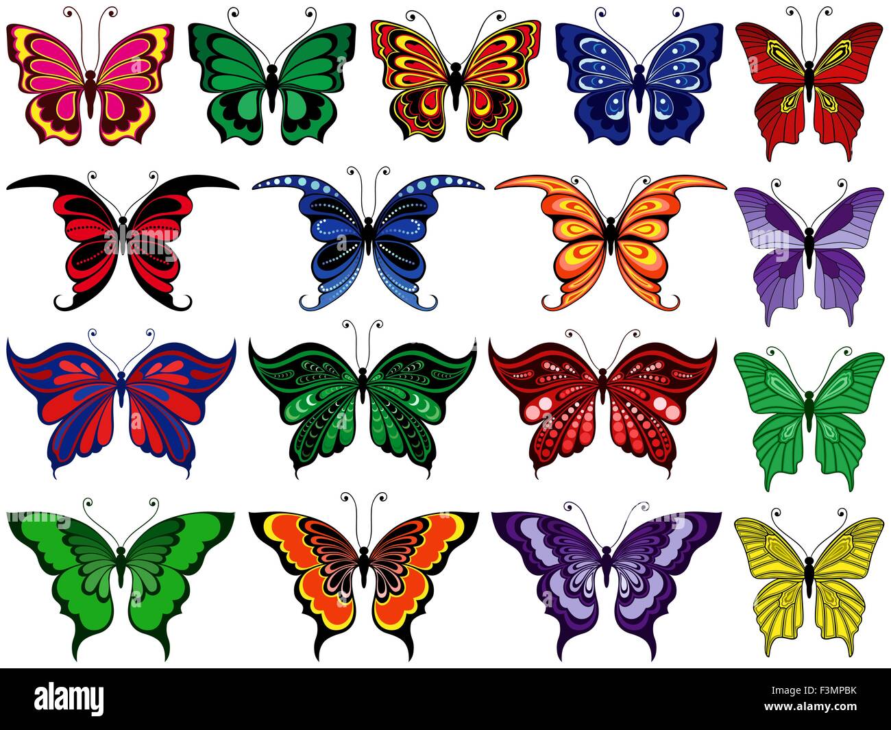 Satz von siebzehn bunte dekorative Schmetterlinge isoliert auf einem weißen Hintergrund, Handzeichnung Vektor-illustration Stock Vektor