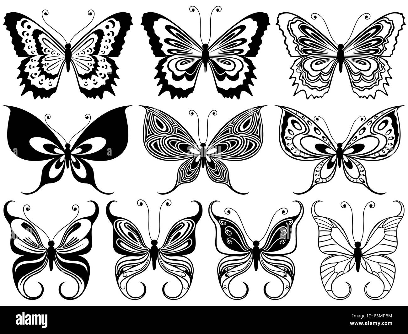 Satz von zehn schwarze ornamentalen Schablonen Schmetterlinge isoliert auf einem weißen Hintergrund, Handzeichnung Vektor-illustration Stock Vektor