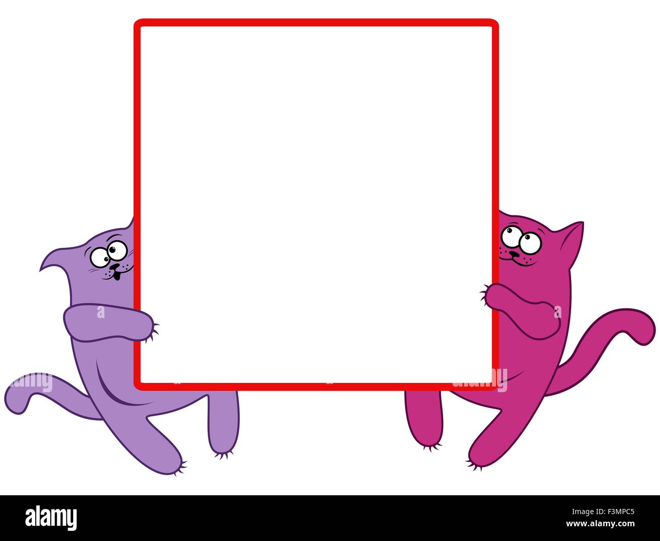 Lustige dicke Katzen halten in Pfoten eines großen quadratischen Banners, Cartoon-Vektorgrafiken Stock Vektor