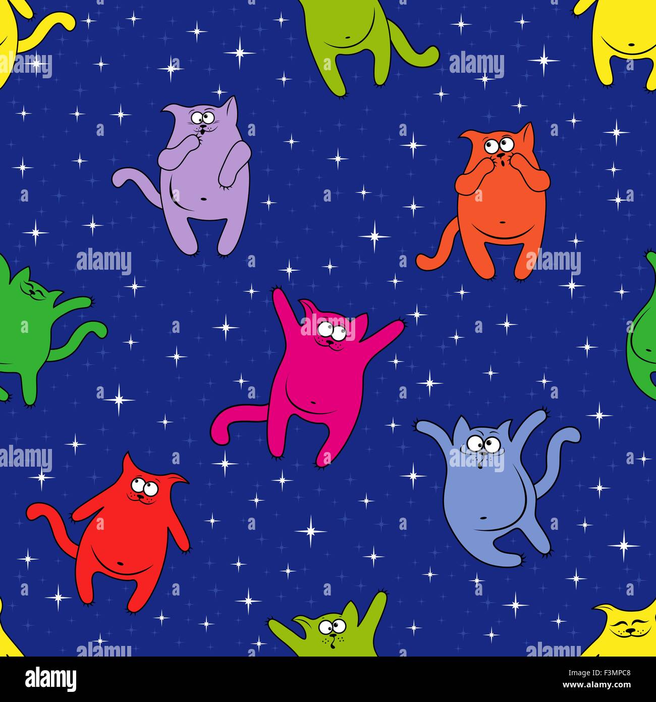 Nahtlose Vektormuster mit Farbe lustige Katzen auf dem Hintergrund eines blauen Sternenhimmel Stock Vektor