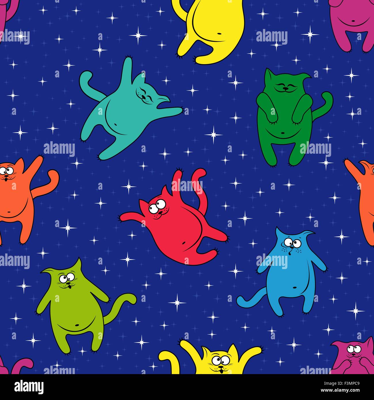 Nahtlose Vektormuster mit Farbe lustige Katzen auf dem Hintergrund eines blauen Sternenhimmel Stock Vektor