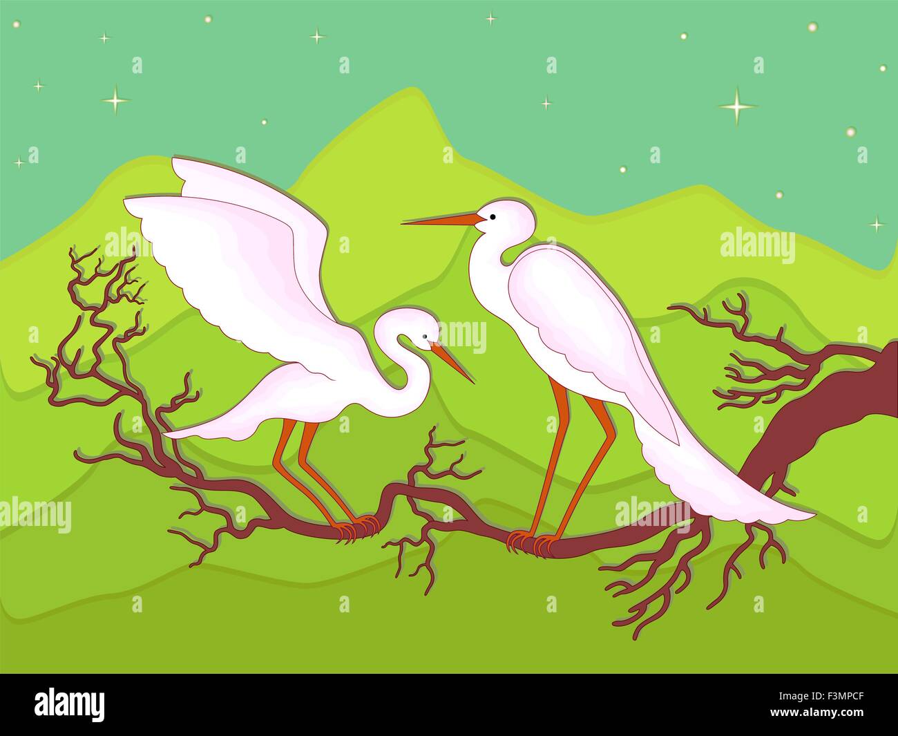 Storchenpaar auf einem Ast im zeitigen Frühjahr Nacht vor dem Hintergrund der Bergwelt, Handzeichnung Vektor-illustration Stock Vektor