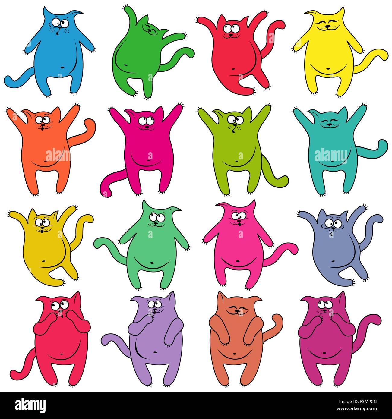 Satz von sechzehn Dicke lustige Katzen in verschiedenen Farben, Cartoon-Vektor-illustration Stock Vektor