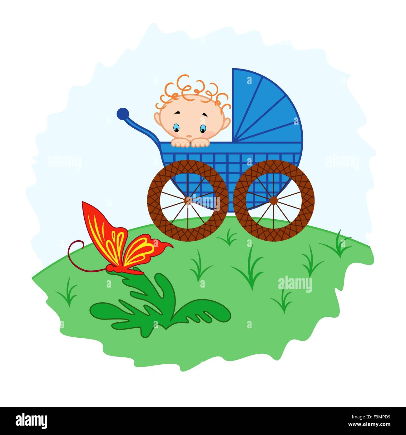 Baby Junge aus Kinderwagen gerade einen Schmetterling, Handzeichnung Vektor-illustration Stock Vektor