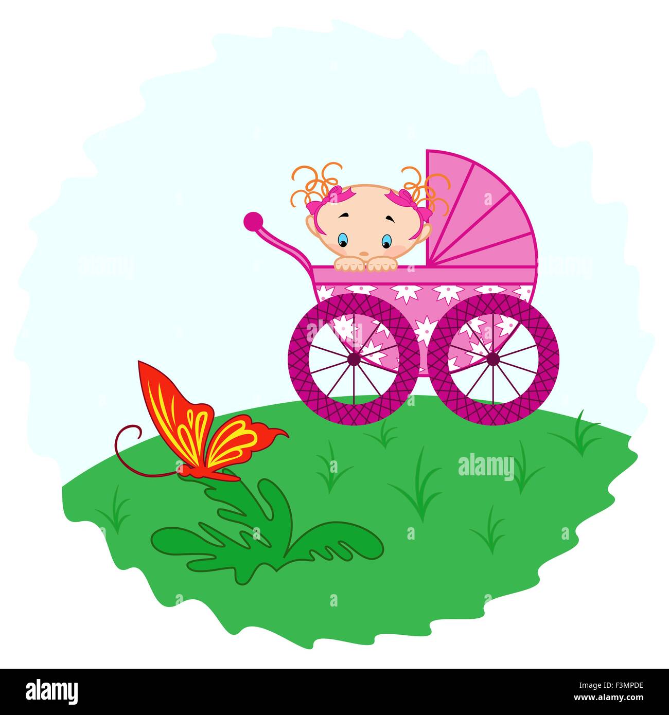 Babymädchen aus Kinderwagen gerade einen Schmetterling, Handzeichnung Vektor-illustration Stock Vektor