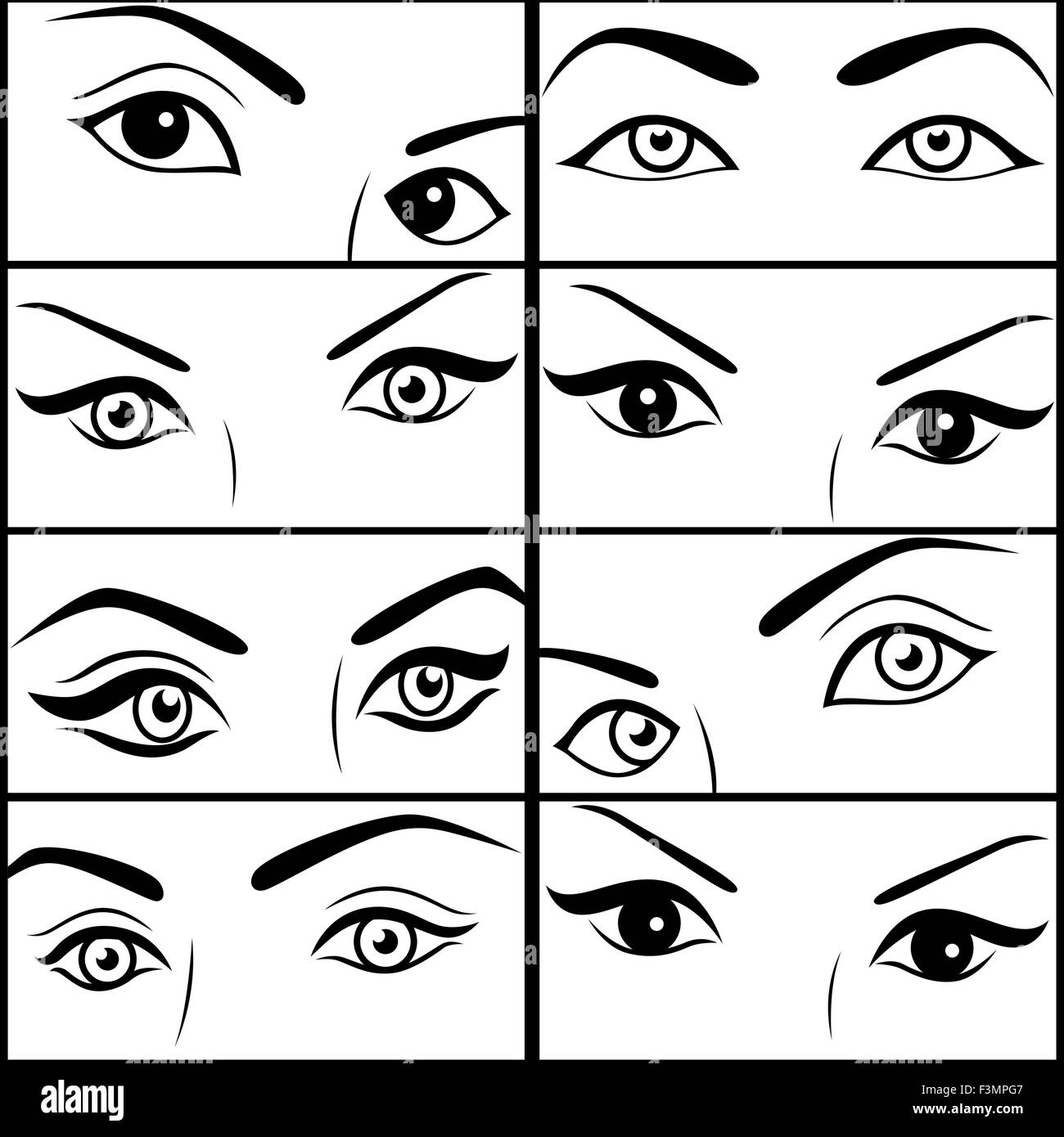 Acht Paare von weiblichen Augen set schwarz Vektor Umrisse jedes einzeln isoliert auf weißem Hintergrund Stock Vektor