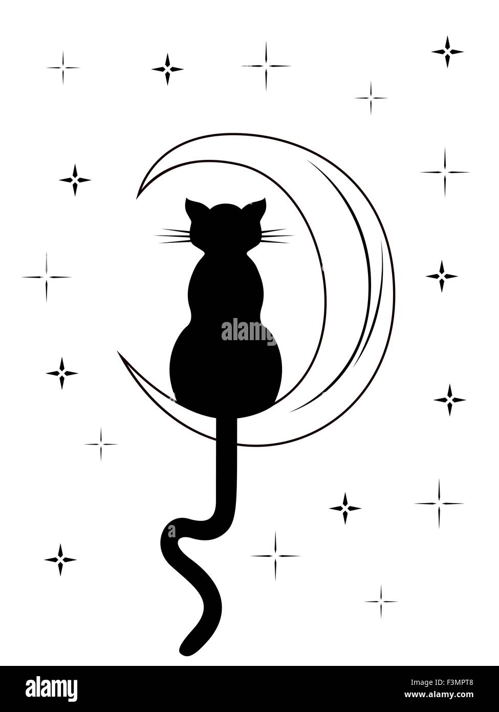 Schwarze Katze mit long-Tail sitzen auf dem Mond bei Nacht Sternenhimmel, schwarzen und weißen Karton Vektor-illustration Stock Vektor