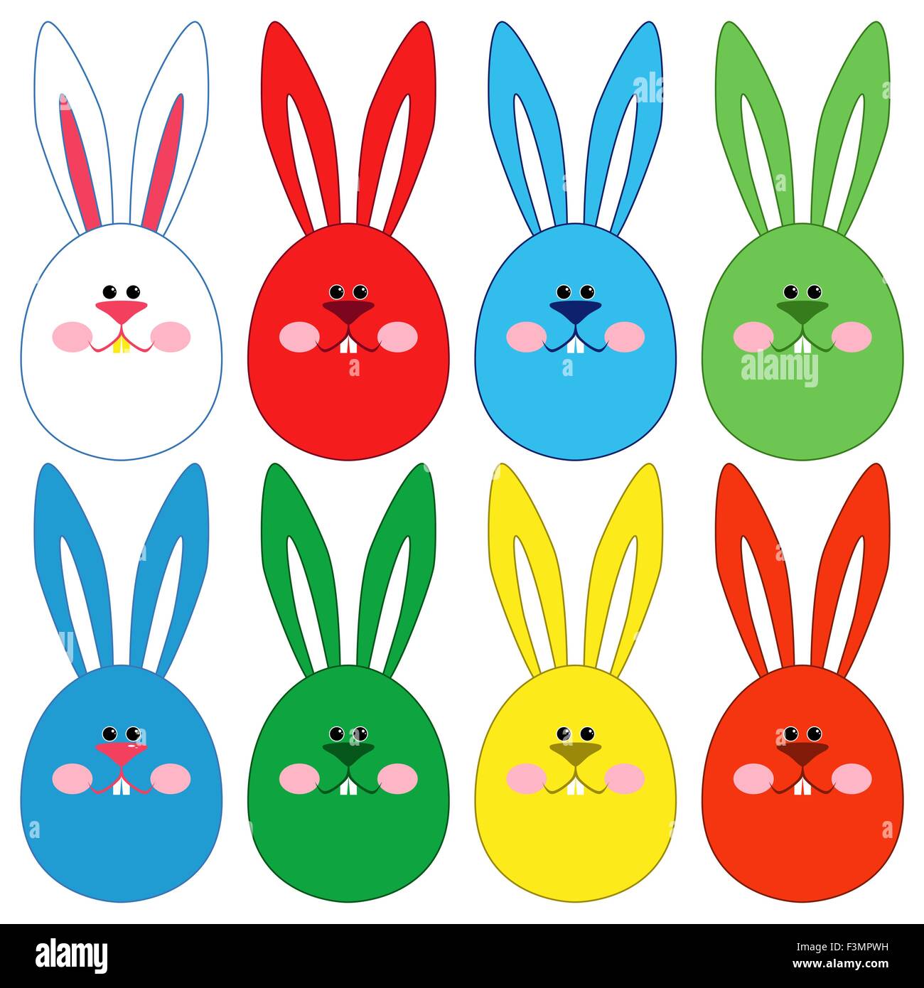 Acht stilisiert bunte Ostern Kaninchen Gesichter isoliert auf einem weißen Hintergrund, Handzeichnung Vektor-Illustration Stock Vektor